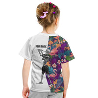 Custom Skeleton Golfer Kid T Shirt with Tropical Flamingo Leaves Pattern and Colorful Floral Background - Wonder Print Shop