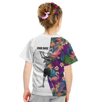 Custom Skeleton Golfer Kid T Shirt with Tropical Flamingo Leaves Pattern and Colorful Floral Background - Wonder Print Shop