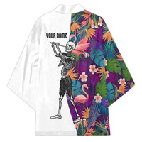 Custom Skeleton Golfer Kimono with Tropical Flamingo Leaves Pattern and Colorful Floral Background - Wonder Print Shop