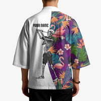 Custom Skeleton Golfer Kimono with Tropical Flamingo Leaves Pattern and Colorful Floral Background - Wonder Print Shop