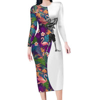 Skeleton Golfer Long Sleeve Bodycon Dress with Tropical Flamingo Leaves Pattern and Colorful Floral Background - Wonder Print Shop