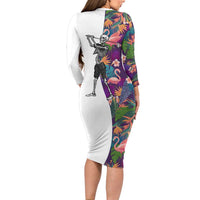 Skeleton Golfer Long Sleeve Bodycon Dress with Tropical Flamingo Leaves Pattern and Colorful Floral Background - Wonder Print Shop