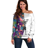 Custom Skeleton Golfer Off Shoulder Sweater with Tropical Flamingo Leaves Pattern and Colorful Floral Background - Wonder Print Shop