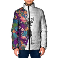 Custom Skeleton Golfer Padded Jacket with Tropical Flamingo Leaves Pattern and Colorful Floral Background - Wonder Print Shop