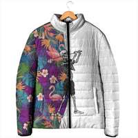 Custom Skeleton Golfer Padded Jacket with Tropical Flamingo Leaves Pattern and Colorful Floral Background - Wonder Print Shop