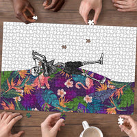 Skeleton Golfer Puzzle with Tropical Flamingo Leaves Pattern and Colorful Floral Background - Wonder Print Shop