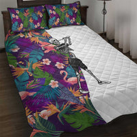 Skeleton Golfer Quilt Bed Set with Tropical Flamingo Leaves Pattern and Colorful Floral Background - Wonder Print Shop