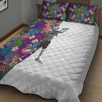 Skeleton Golfer Quilt Bed Set with Tropical Flamingo Leaves Pattern and Colorful Floral Background - Wonder Print Shop