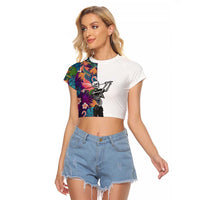 Custom Skeleton Golfer Raglan Cropped T Shirt with Tropical Flamingo Leaves Pattern and Colorful Floral Background - Wonder Print Shop