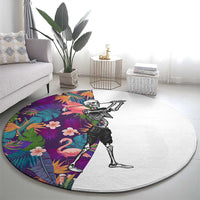 Skeleton Golfer Round Carpet with Tropical Flamingo Leaves Pattern and Colorful Floral Background - Wonder Print Shop
