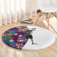 Skeleton Golfer Round Carpet with Tropical Flamingo Leaves Pattern and Colorful Floral Background - Wonder Print Shop