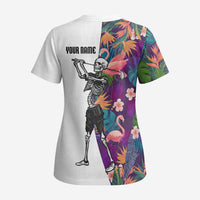 Custom Skeleton Golfer Scrub Top with Tropical Flamingo Leaves Pattern and Colorful Floral Background - Wonder Print Shop