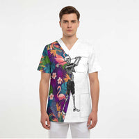 Custom Skeleton Golfer Scrub Top with Tropical Flamingo Leaves Pattern and Colorful Floral Background - Wonder Print Shop