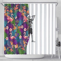 Skeleton Golfer Shower Curtain with Tropical Flamingo Leaves Pattern and Colorful Floral Background - Wonder Print Shop