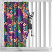 Skeleton Golfer Shower Curtain with Tropical Flamingo Leaves Pattern and Colorful Floral Background - Wonder Print Shop