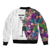 Custom Skeleton Golfer Sleeve Zip Bomber Jacket with Tropical Flamingo Leaves Pattern and Colorful Floral Background - Wonder Print Shop