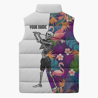 Custom Skeleton Golfer Sleeveless Puffer Jacket with Tropical Flamingo Leaves Pattern and Colorful Floral Background - Wonder Print Shop