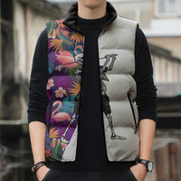 Custom Skeleton Golfer Sleeveless Puffer Jacket with Tropical Flamingo Leaves Pattern and Colorful Floral Background - Wonder Print Shop