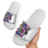 Skeleton Golfer Slide Sandals with Tropical Flamingo Leaves Pattern and Colorful Floral Background - Wonder Print Shop