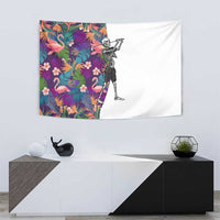 Skeleton Golfer Tapestry with Tropical Flamingo Leaves Pattern and Colorful Floral Background - Wonder Print Shop