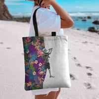 Skeleton Golfer Tote Bag with Tropical Flamingo Leaves Pattern and Colorful Floral Background - Wonder Print Shop