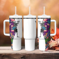 Skeleton Golfer Tumbler With Handle with Tropical Flamingo Leaves Pattern and Colorful Floral Background - Wonder Print Shop