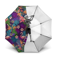 Skeleton Golfer Umbrella with Tropical Flamingo Leaves Pattern and Colorful Floral Background - Wonder Print Shop