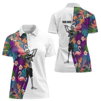 Custom Skeleton Golfer Women Polo Shirt with Tropical Flamingo Leaves Pattern and Colorful Floral Background - Wonder Print Shop