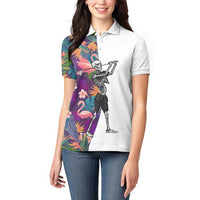 Custom Skeleton Golfer Women Polo Shirt with Tropical Flamingo Leaves Pattern and Colorful Floral Background - Wonder Print Shop
