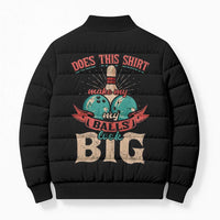 Custom Bowling Balls Bomber Puffer Jacket with Does This Shirt Make My Balls Look Big Quote and Retro Argyle Pattern - Wonder Print Shop