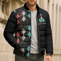 Custom Bowling Balls Bomber Puffer Jacket with Does This Shirt Make My Balls Look Big Quote and Retro Argyle Pattern - Wonder Print Shop