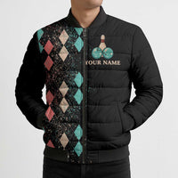 Custom Bowling Balls Bomber Puffer Jacket with Does This Shirt Make My Balls Look Big Quote and Retro Argyle Pattern - Wonder Print Shop