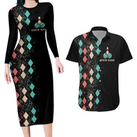 Custom Bowling Balls Couples Matching Long Sleeve Bodycon Dress and Hawaiian Shirt with Does This Shirt Make My Balls Look Big Quote and Retro Argyle Pattern - Wonder Print Shop