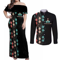 Custom Bowling Balls Couples Matching Off Shoulder Maxi Dress and Long Sleeve Button Shirt with Does This Shirt Make My Balls Look Big Quote and Retro Argyle Pattern - Wonder Print Shop