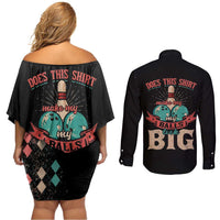 Custom Bowling Balls Couples Matching Off Shoulder Short Dress and Long Sleeve Button Shirt with Does This Shirt Make My Balls Look Big Quote and Retro Argyle Pattern - Wonder Print Shop