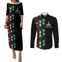 Custom Bowling Balls Couples Matching Puletasi and Long Sleeve Button Shirt with Does This Shirt Make My Balls Look Big Quote and Retro Argyle Pattern - Wonder Print Shop