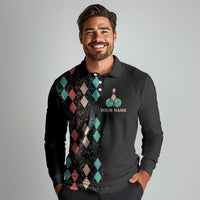 Custom Bowling Balls Long Sleeve Polo Shirt with Does This Shirt Make My Balls Look Big Quote and Retro Argyle Pattern - Wonder Print Shop