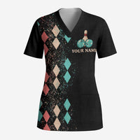 Custom Bowling Balls Scrub Top with Does This Shirt Make My Balls Look Big Quote and Retro Argyle Pattern - Wonder Print Shop