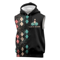 Custom Bowling Balls Sleeveless Hoodie with Does This Shirt Make My Balls Look Big Quote and Retro Argyle Pattern - Wonder Print Shop