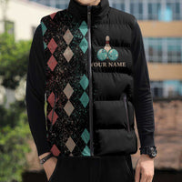 Custom Bowling Balls Sleeveless Puffer Jacket with Does This Shirt Make My Balls Look Big Quote and Retro Argyle Pattern - Wonder Print Shop
