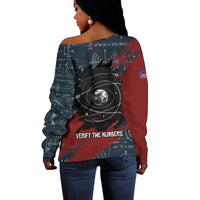Katherine Johnson Off Shoulder Sweater with Chalkboard Math Scene, Verify the Numbers Quote and Space Orbit - Wonder Print Shop