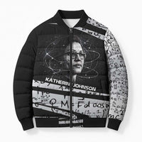 Katherine Johnson Bomber Puffer Jacket with Orbital Space Portrait, Historic NASA Launch Dates and Physics - Wonder Print Shop