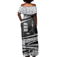 Katherine Johnson Off Shoulder Maxi Dress with Orbital Space Portrait, Historic NASA Launch Dates and Physics - Wonder Print Shop