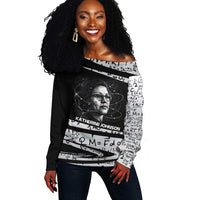 Katherine Johnson Off Shoulder Sweater with Orbital Space Portrait, Historic NASA Launch Dates and Physics - Wonder Print Shop