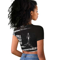 Katherine Johnson Raglan Cropped T shirt with Orbital Space Portrait, Historic NASA Launch Dates and Physics - Wonder Print Shop