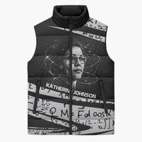 Katherine Johnson Sleeveless Puffer Jacket with Orbital Space Portrait, Historic NASA Launch Dates and Physics - Wonder Print Shop