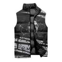 Katherine Johnson Sleeveless Puffer Jacket with Orbital Space Portrait, Historic NASA Launch Dates and Physics - Wonder Print Shop