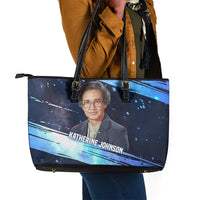 Katherine Johnson Leather Tote Bag with Galaxy Background, Hidden No More Quote and Rocket Brain Equation - Wonder Print Shop