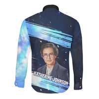 Katherine Johnson Long Sleeve Button Shirt with Galaxy Background, Hidden No More Quote and Rocket Brain Equation - Wonder Print Shop