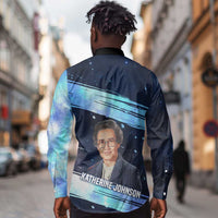 Katherine Johnson Long Sleeve Button Shirt with Galaxy Background, Hidden No More Quote and Rocket Brain Equation - Wonder Print Shop
